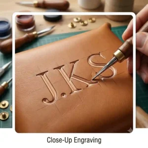 Close-up view of a custom leather valet tray monogram being carefully hand-carved on the leather surface with craft tools.