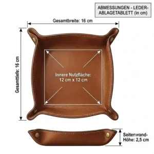 A size chart illustration showing the exact dimensions and depth of a square leather catchall tray.