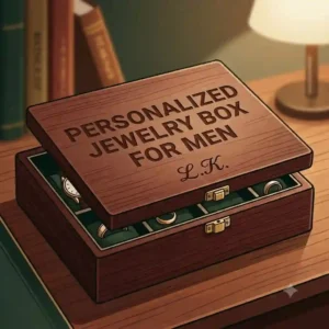 Detailed illustration of a custom engraved personalized jewelry box for men showing modern laser engraving on a dark walnut wood surface.
