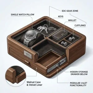 Illustration diagram showing the features of a leather watch valet box, including drawer compartments and velvet lining.