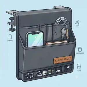 Close-up view of the spacious storage pockets and compartments on a hanging desk organiser.