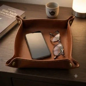 A bedside nightstand illustration featuring a leather catchall tray storing a smartphone and glasses.