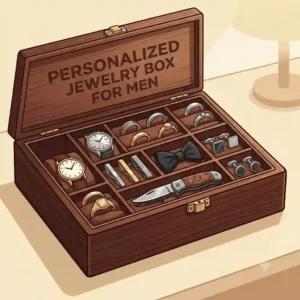 Overhead illustration of a multi-compartment personalized jewelry box for men organizing rings, watches, tie clips, and pocket knives.