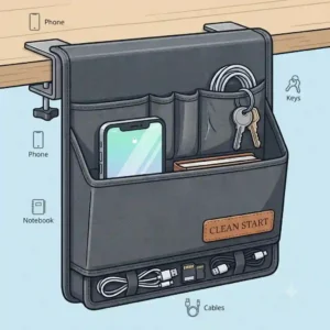 An under-desk hanging desk organiser installed neatly to store small tech gadgets out of sight.
