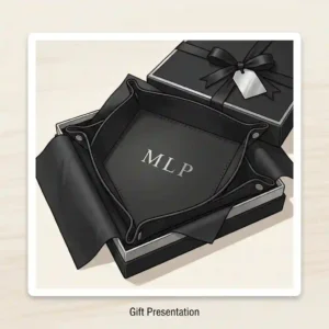 A luxury black leather valet tray monogram edition inside an open gift box with a black ribbon.