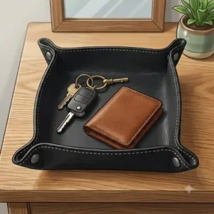 An entryway table illustration with a black leather catchall tray holding car keys and a wallet.