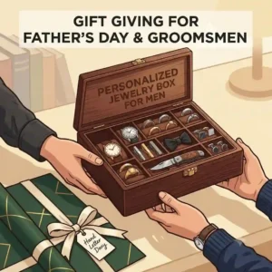 Graphic illustration of a personalized jewelry box for men wrapped in minimalist gift packaging for Father's Day or a groomsman proposal.