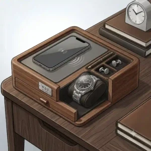 Clean vector illustration of a modern watch valet station featuring a built-in wireless smartphone charger.