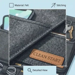Highlighting the durable felt fabric material and stitching details of a hanging desk organiser.