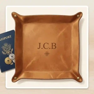 An unsnapped and flat travel leather valet tray monogram version placed on a table next to a blue passport.