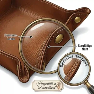 A detailed illustration highlighting the premium stitching and texture of a handmade leather catchall tray.