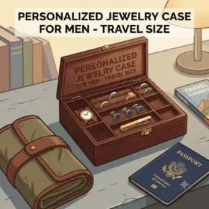 Compact, zippered travel personalized jewelry box for men shown next to a passport and duffel bag.