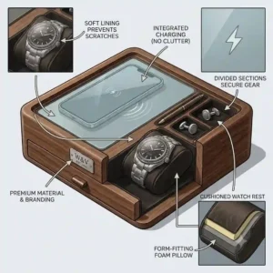 Graphic illustration demonstrating how a watch valet organizer protects luxury watches from scratches and dust.