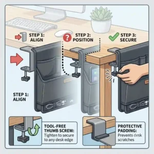 Step-by-step installation showing how easy it is to attach a hanging desk organiser to any desk edge.