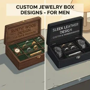 Minimalist illustration comparing two distinct personalized jewelry box for men designs in rustic wood and sleek black leather finishes.