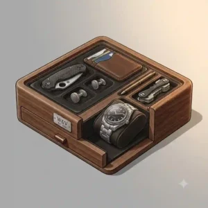 Concept illustration of everyday carry items neatly arranged inside a compact watch valet tray.