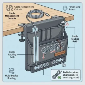 Built-in cable management cutouts on a hanging desk organiser keeping charger cords neat.
