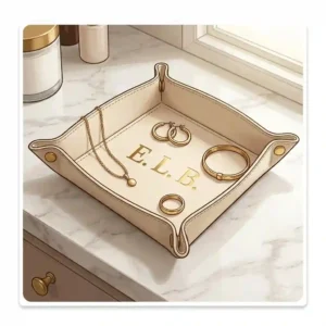 A chic cream-colored leather valet tray monogram style holding gold jewelry and rings on a marble vanity.