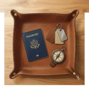 An illustration of a travel leather catchall tray unclasped flat next to a passport, compass, and tags.