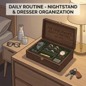 Modern bedroom dresser setup featuring a personalized jewelry box for men next to a smartphone and car keys for daily routine.