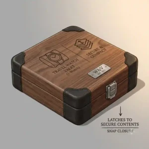 Line art illustration of a portable travel watch valet case with secure snap closures.