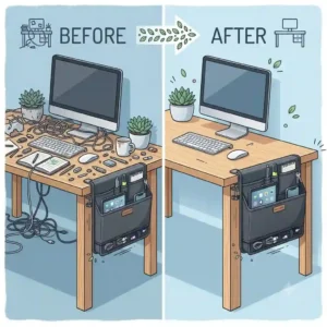 Before and after comparison showing a decluttered home office setup using a hanging desk organiser.