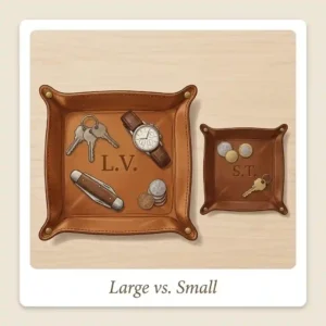 Side-by-side comparison of a large and small leather valet tray monogram organizer showing different dimensions.