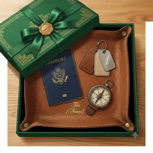 An illustration of a personalized leather catchall tray inside an elegant gift box with a ribbon.