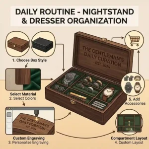 An abstract illustration depicting the simple online customization process for a personalized jewelry box for men, highlighting font choice and layout options.