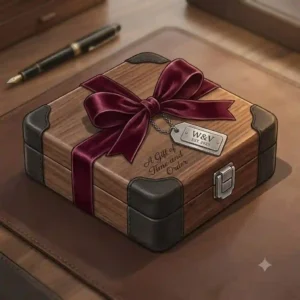 Stylized illustration of a premium watch valet packaged in an elegant gift box with a ribbon.